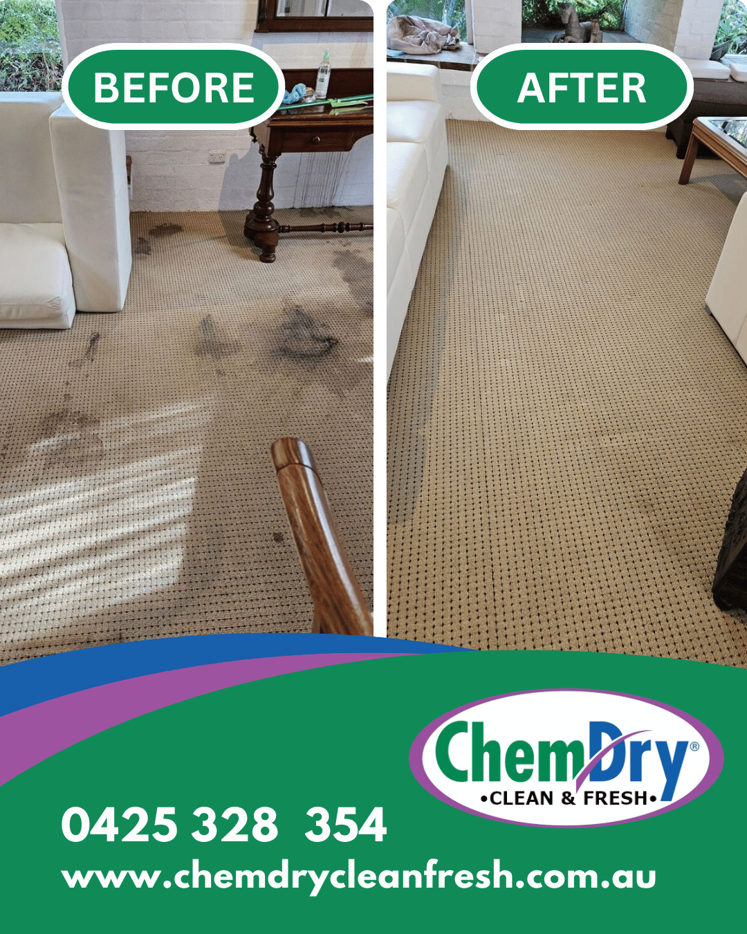 Before and after roof leak carpet water stain restoration in Dural by Chem-Dry Clean and Fresh